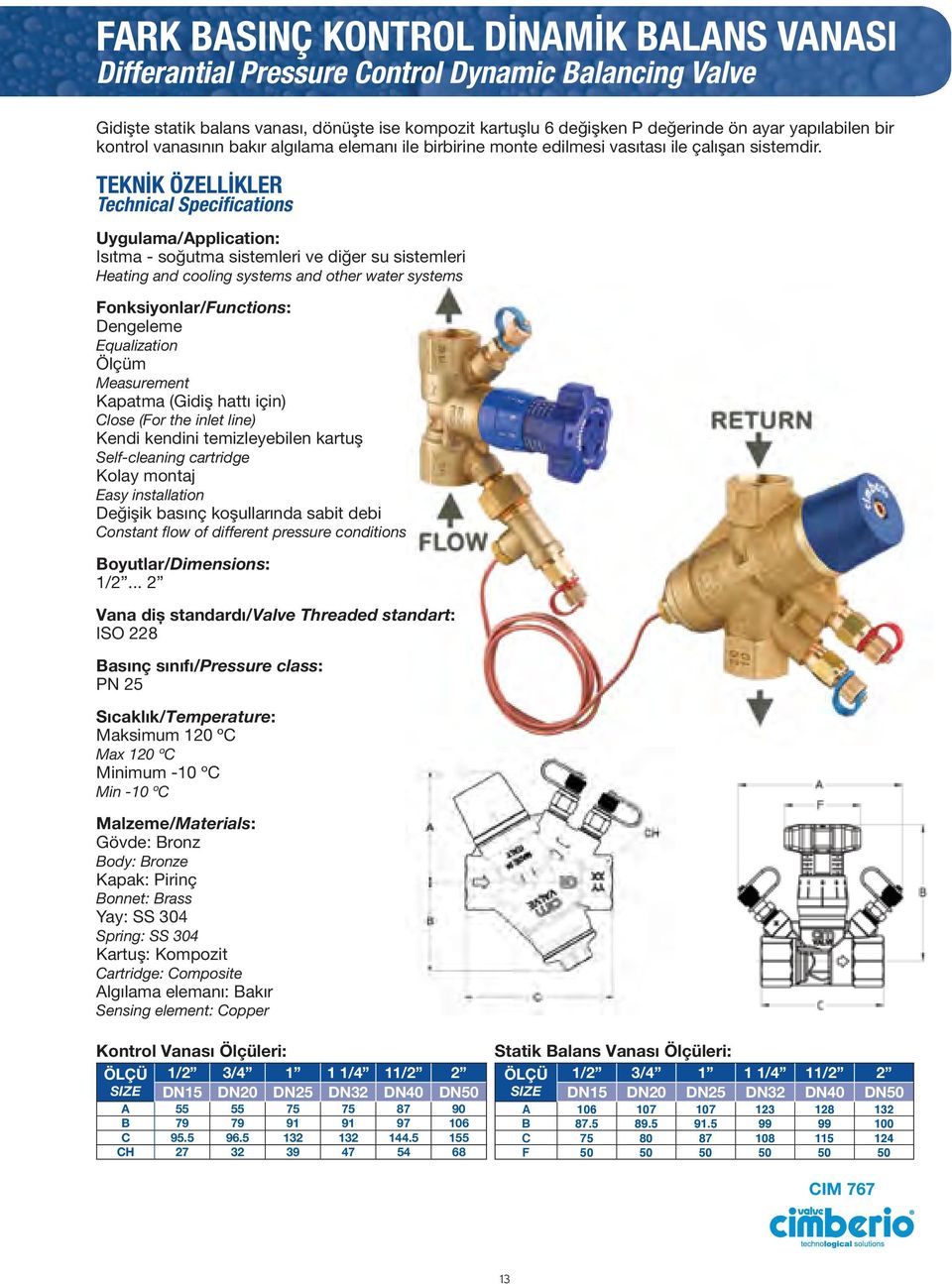 TEKNİK ÖZELLİKLER Technical Specifications Uygulama/Application: Isıtma - soğutma sistemleri ve diğer su sistemleri Heating and cooling systems and other water systems Fonksiyonlar/Functions: