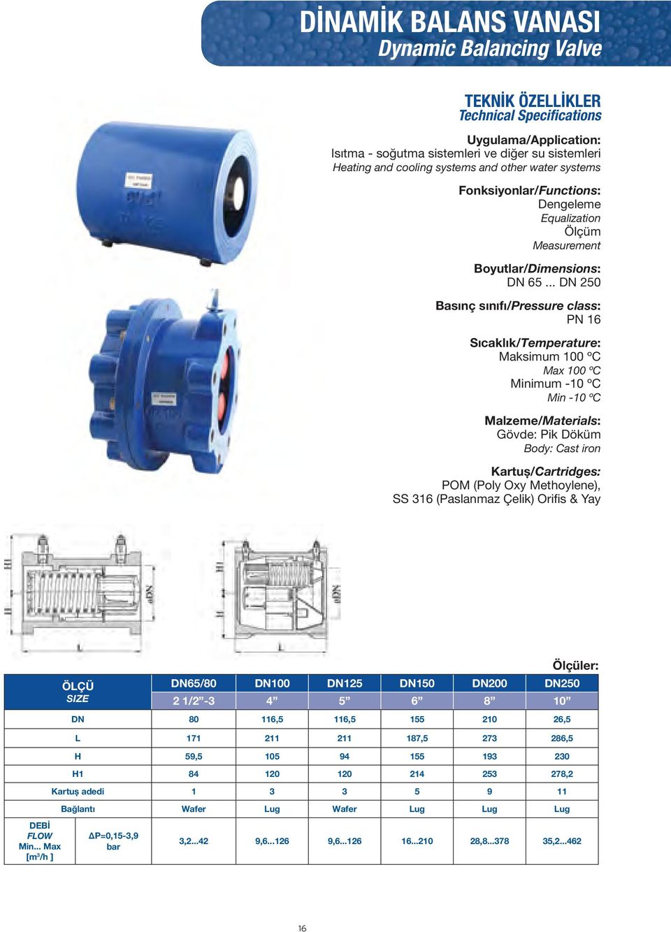 .. DN 250 Basınç sınıfı/pressure class: PN 16 Sıcaklık/Temperature: Maksimum 100 ºC Max 100 ºC Minimum -10 ºC Min -10 ºC Malzeme/Materials: Gövde: Pik Döküm Body: Cast iron Kartuş/Cartridges: POM