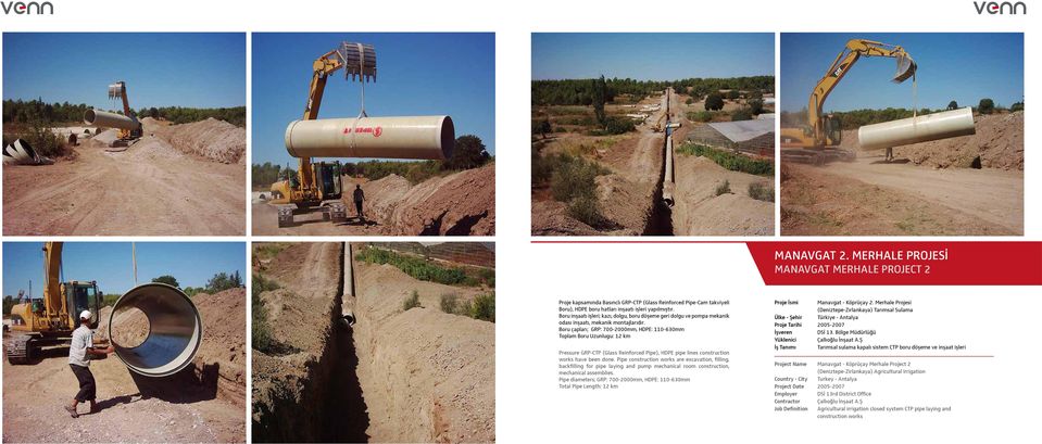 Boru çapları; GRP: 700-2000mm, HDPE: 110-630mm Toplam Boru Uzunlugu: 12 km Pressure GRP-CTP (Glass Reinforced Pipe), HDPE pipe lines construction works have been done.