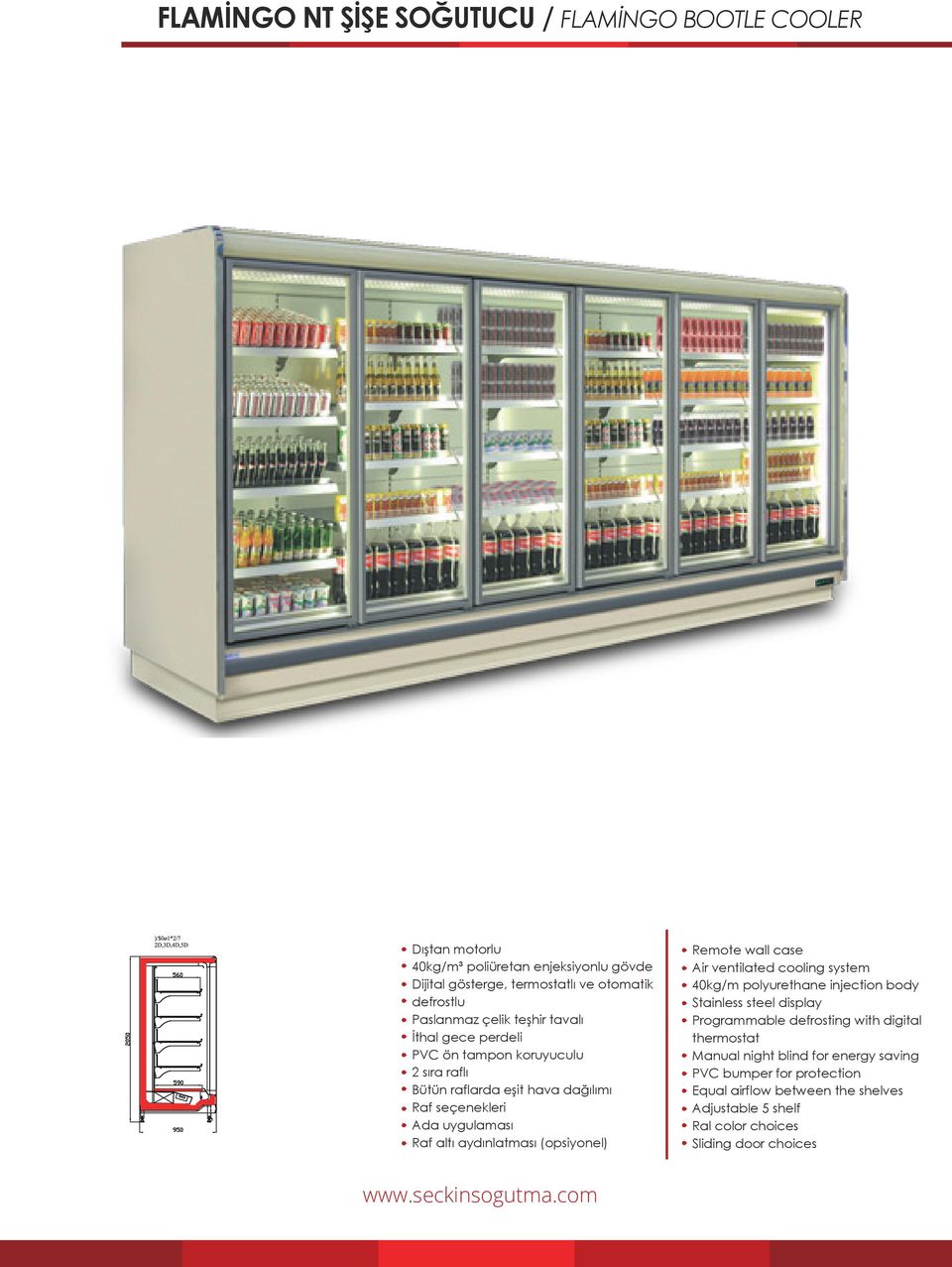 aydınlatması (opsiyonel) Remote wall case Air ventilated cooling system 40kg/m polyurethane injection body Stainless steel display Programmable defrosting with