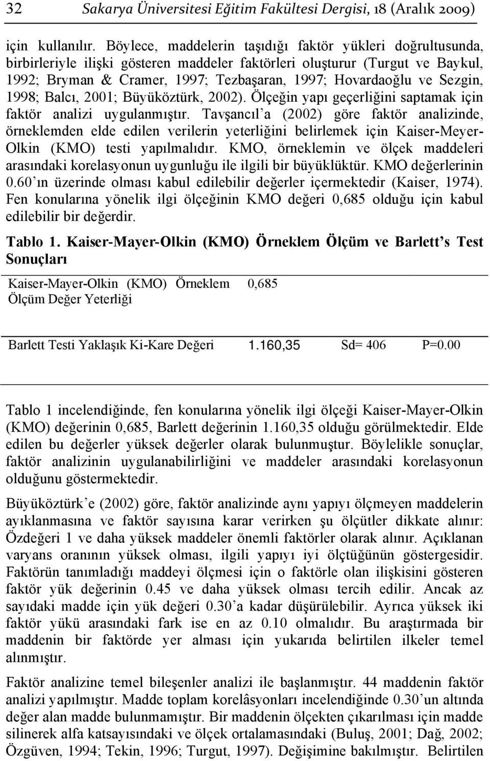 Sezgin, 1; Balcı, 2001; Büyüköztürk, 2002). Ölçeğin yapı geçerliğini saptamak için faktör analizi uygulanmıştır.