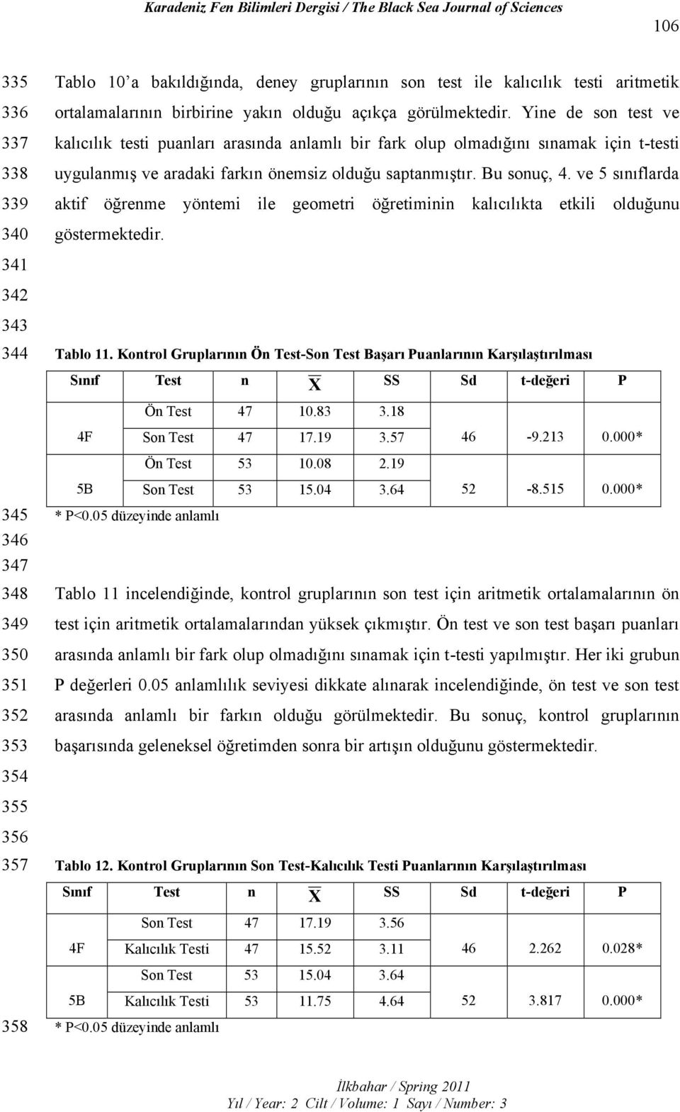 Yine de son test ve kalıcılık testi puanları arasında anlamlı bir fark olup olmadığını sınamak için t-testi uygulanmış ve aradaki farkın önemsiz olduğu saptanmıştır. Bu sonuç, 4.