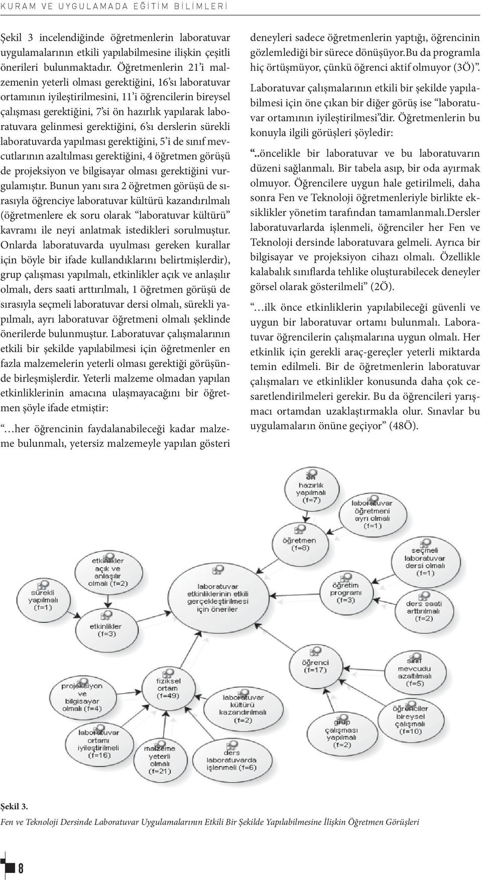 gelinmesi gerektiğini, 6 sı derslerin sürekli laboratuvarda yapılması gerektiğini, 5 i de sınıf mevcutlarının azaltılması gerektiğini, 4 öğretmen görüşü de projeksiyon ve bilgisayar olması