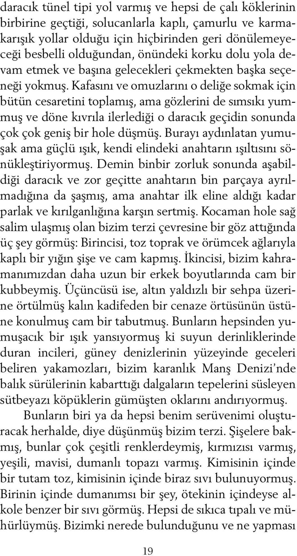 Kafasını ve omuzlarını o deliğe sokmak için bütün cesaretini toplamış, ama gözlerini de sımsıkı yummuş ve döne kıvrıla ilerlediği o daracık geçidin sonunda çok çok geniş bir hole düşmüş.