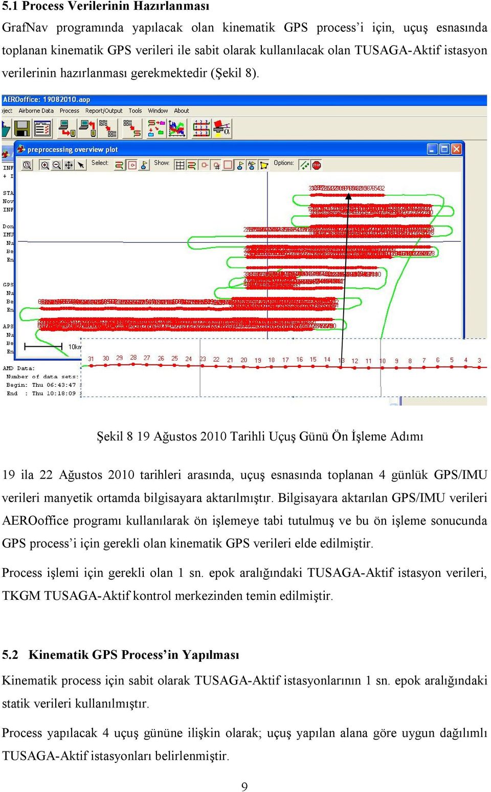 Şekil 8 19 Ağustos 2010 Tarihli Uçuş Günü Ön İşleme Adımı 19 ila 22 Ağustos 2010 tarihleri arasında, uçuş esnasında toplanan 4 günlük GPS/IMU verileri manyetik ortamda bilgisayara aktarılmıştır.