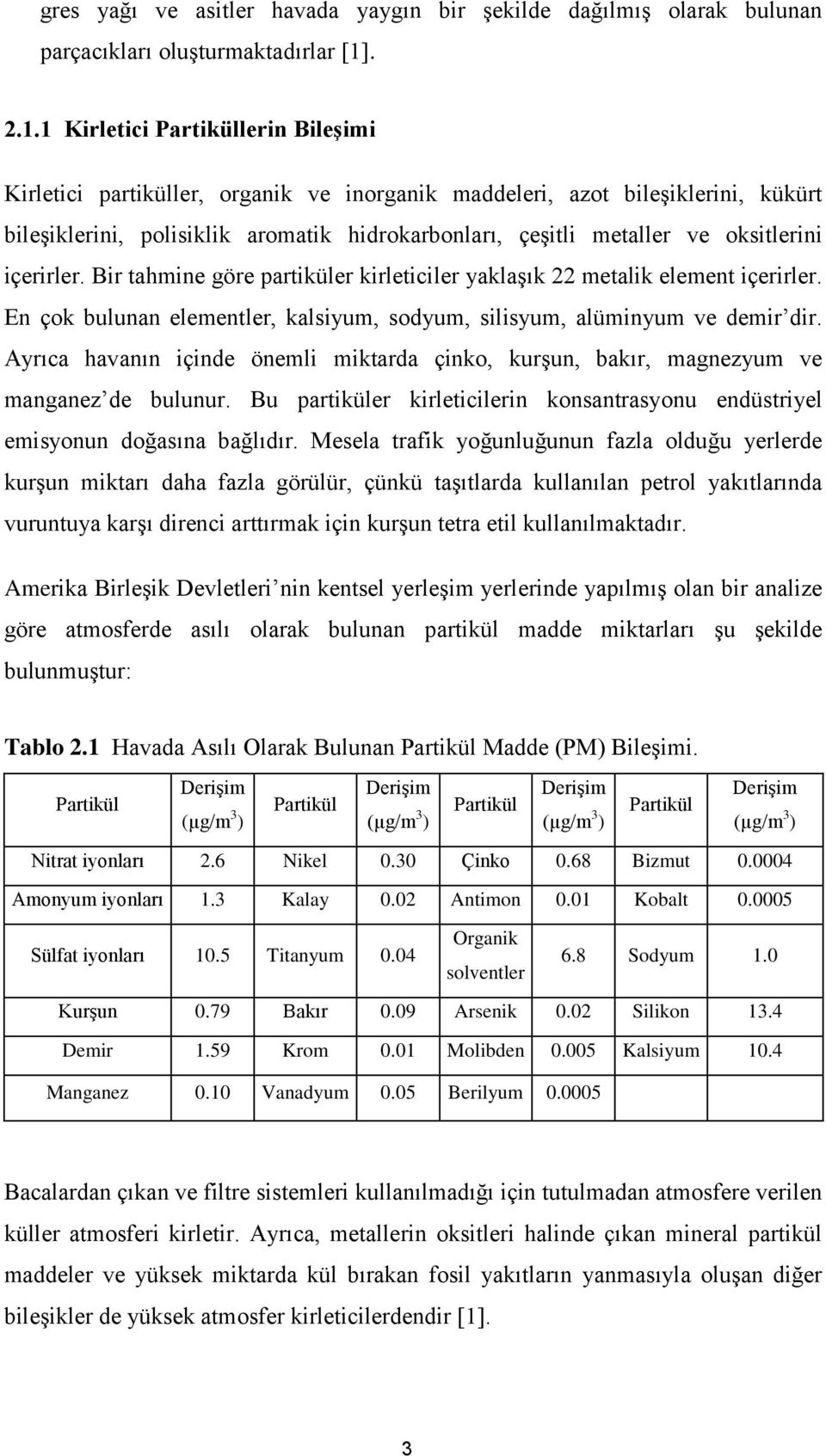 1 Kirletici Partiküllerin Bileşimi Kirletici partiküller, organik ve inorganik maddeleri, azot bileşiklerini, kükürt bileşiklerini, polisiklik aromatik hidrokarbonları, çeşitli metaller ve