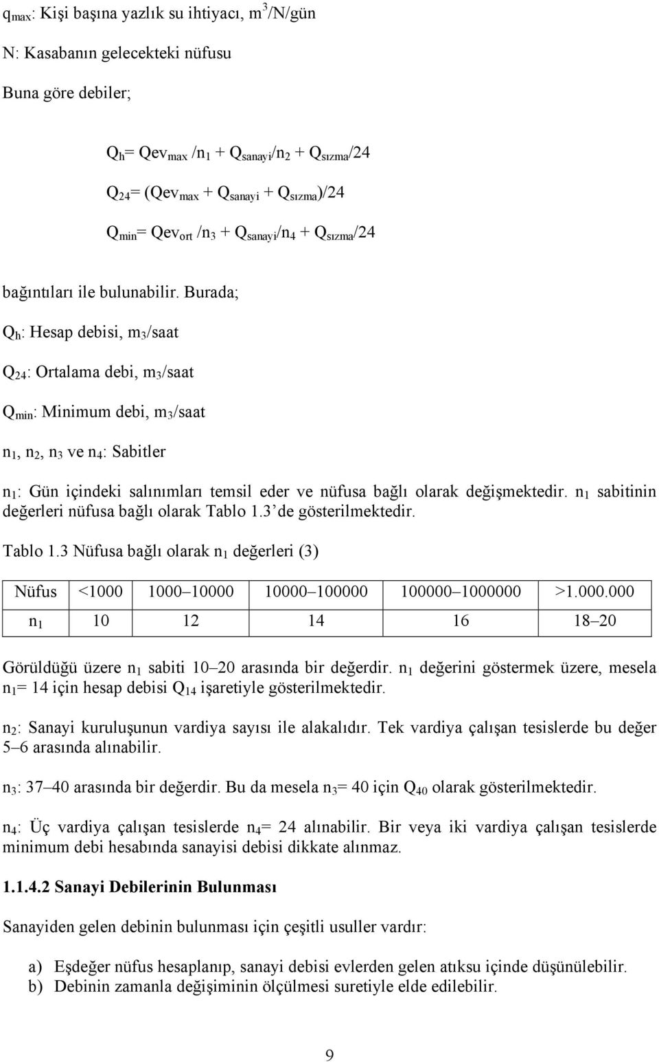 Burada; Q h : Hesap debisi, m 3 /saat Q 24 : Ortalama debi, m 3 /saat Q min : Minimum debi, m 3 /saat n 1, n 2, n 3 ve n 4 : Sabitler n 1 : Gün içindeki salınımları temsil eder ve nüfusa bağlı olarak
