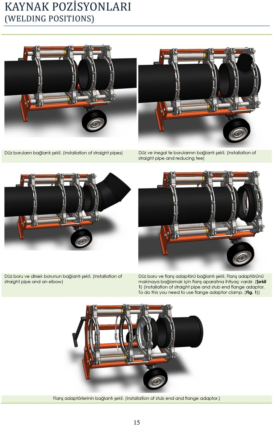 (Installation of straight pipe and an elbow) Düz boru ve flanş adaptörü bağlantı şekli.