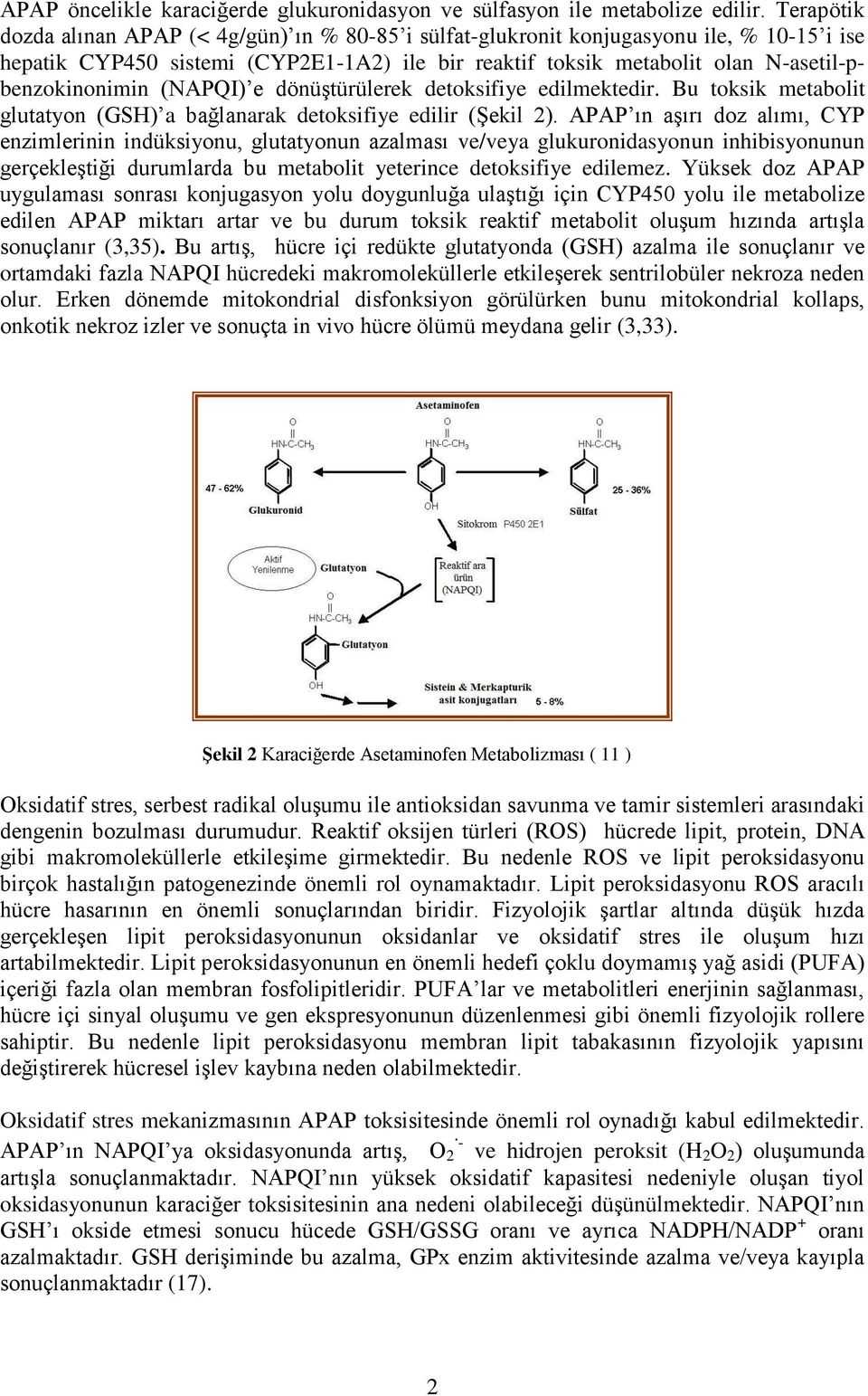 (NAPQI) e dönüştürülerek detoksifiye edilmektedir. Bu toksik metaolit glutatyon (GSH) a ağlanarak detoksifiye edilir (Şekil 2).