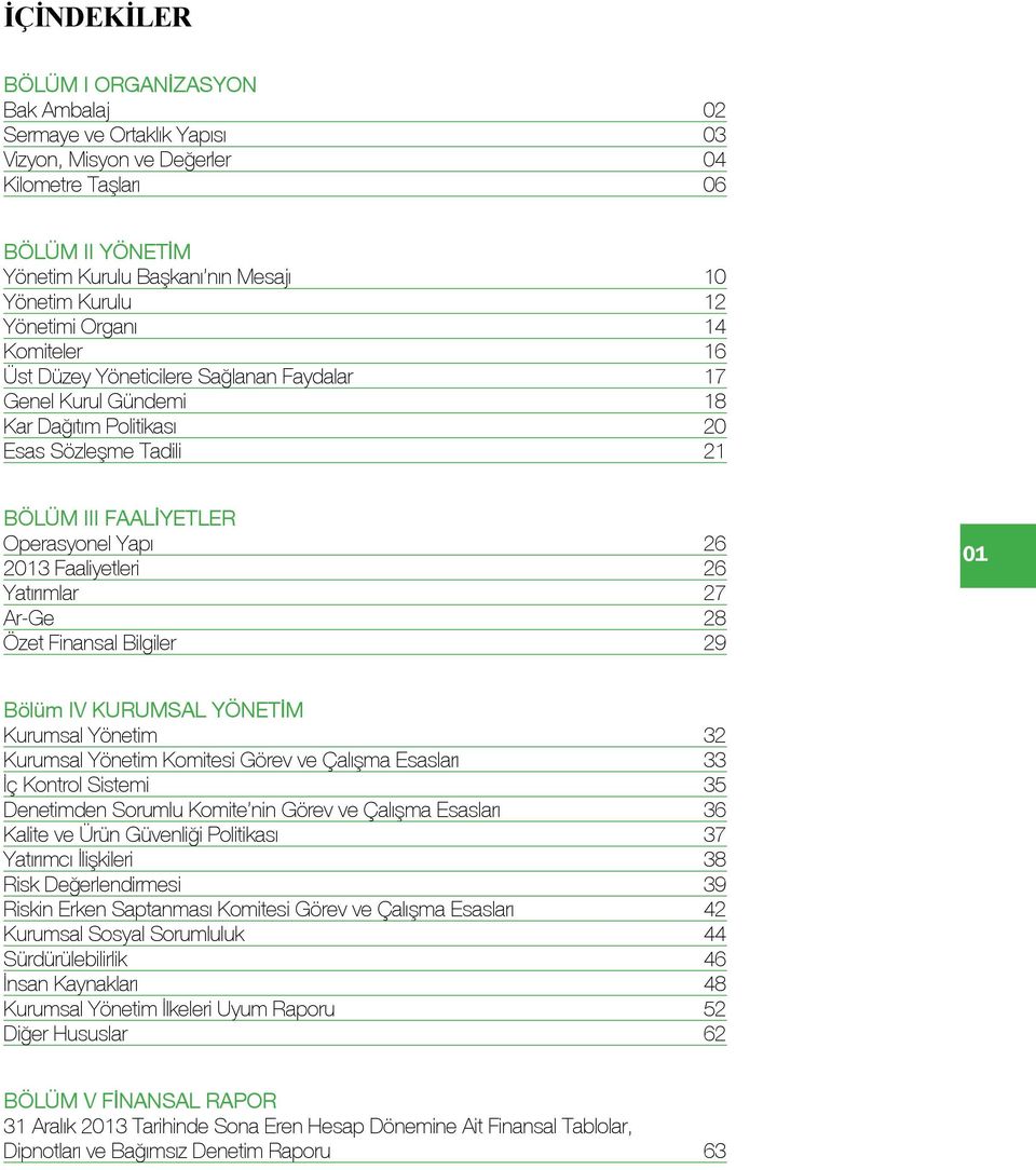 Faaliyetleri 26 Yatırımlar 27 Ar-Ge 28 Özet Finansal Bilgiler 29 01 Bölüm IV KURUMSAL YÖNETİM Kurumsal Yönetim 32 Kurumsal Yönetim Komitesi Görev ve Çalışma Esasları 33 İç Kontrol Sistemi 35