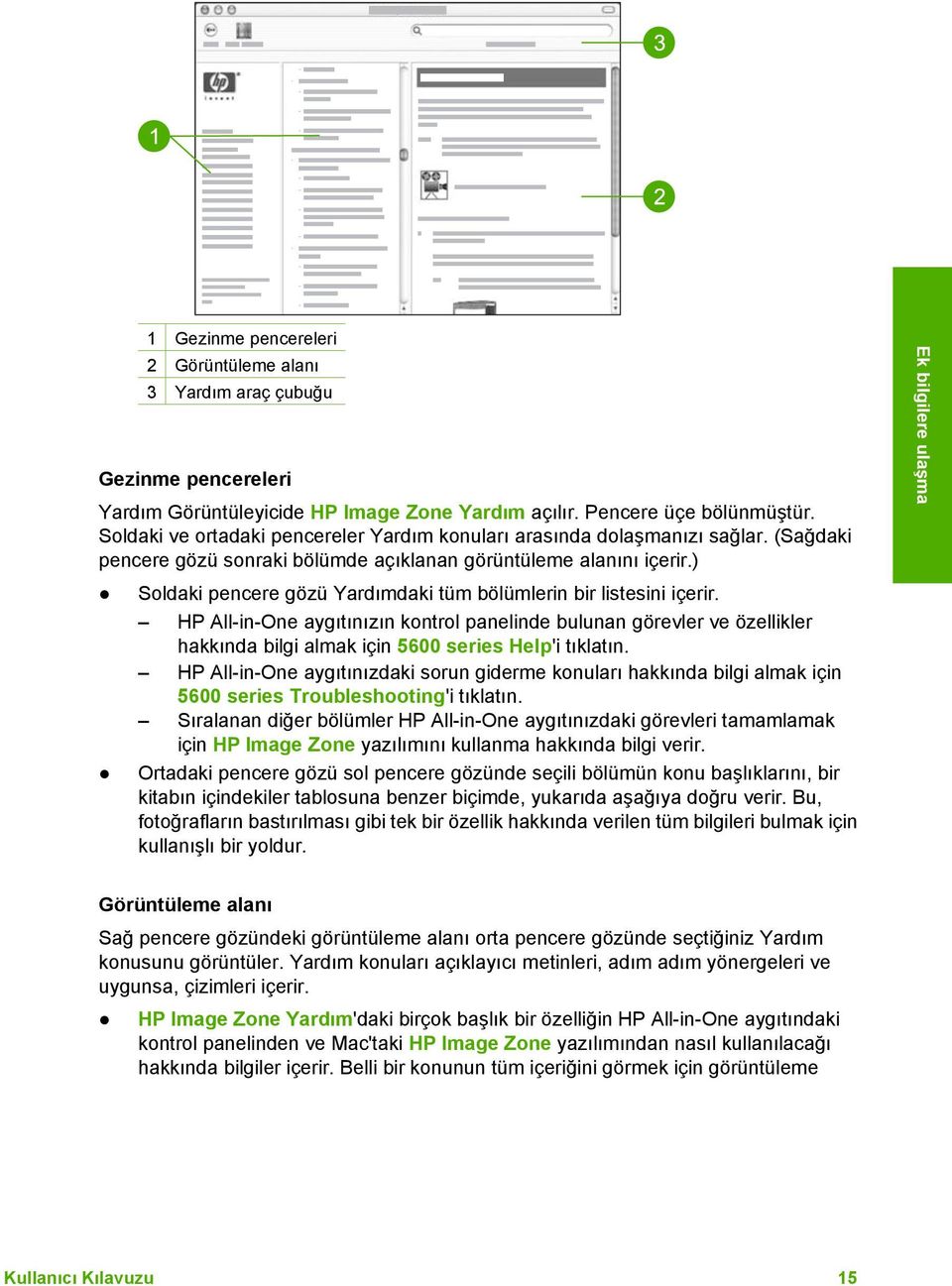 ) Soldaki pencere gözü Yardımdaki tüm bölümlerin bir listesini içerir. HP All-in-One aygıtınızın kontrol panelinde bulunan görevler ve özellikler hakkında bilgi almak için 5600 series Help'i tıklatın.