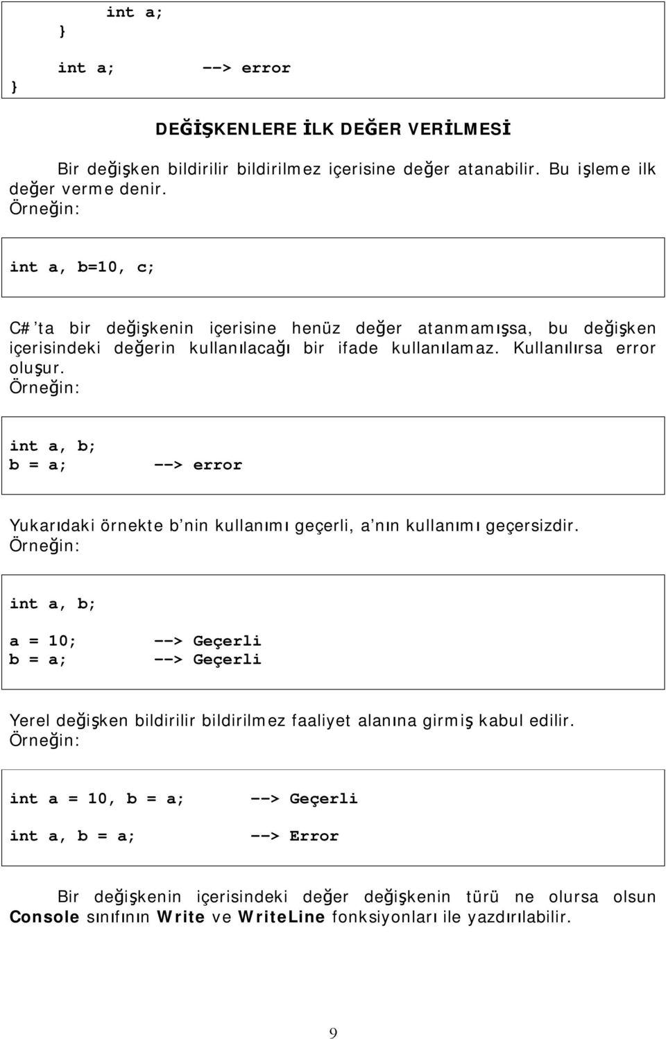 Örneğin: int a, b; b = a; --> error Yukarıdaki örnekte b nin kullanımı geçerli, a nın kullanımı geçersizdir.