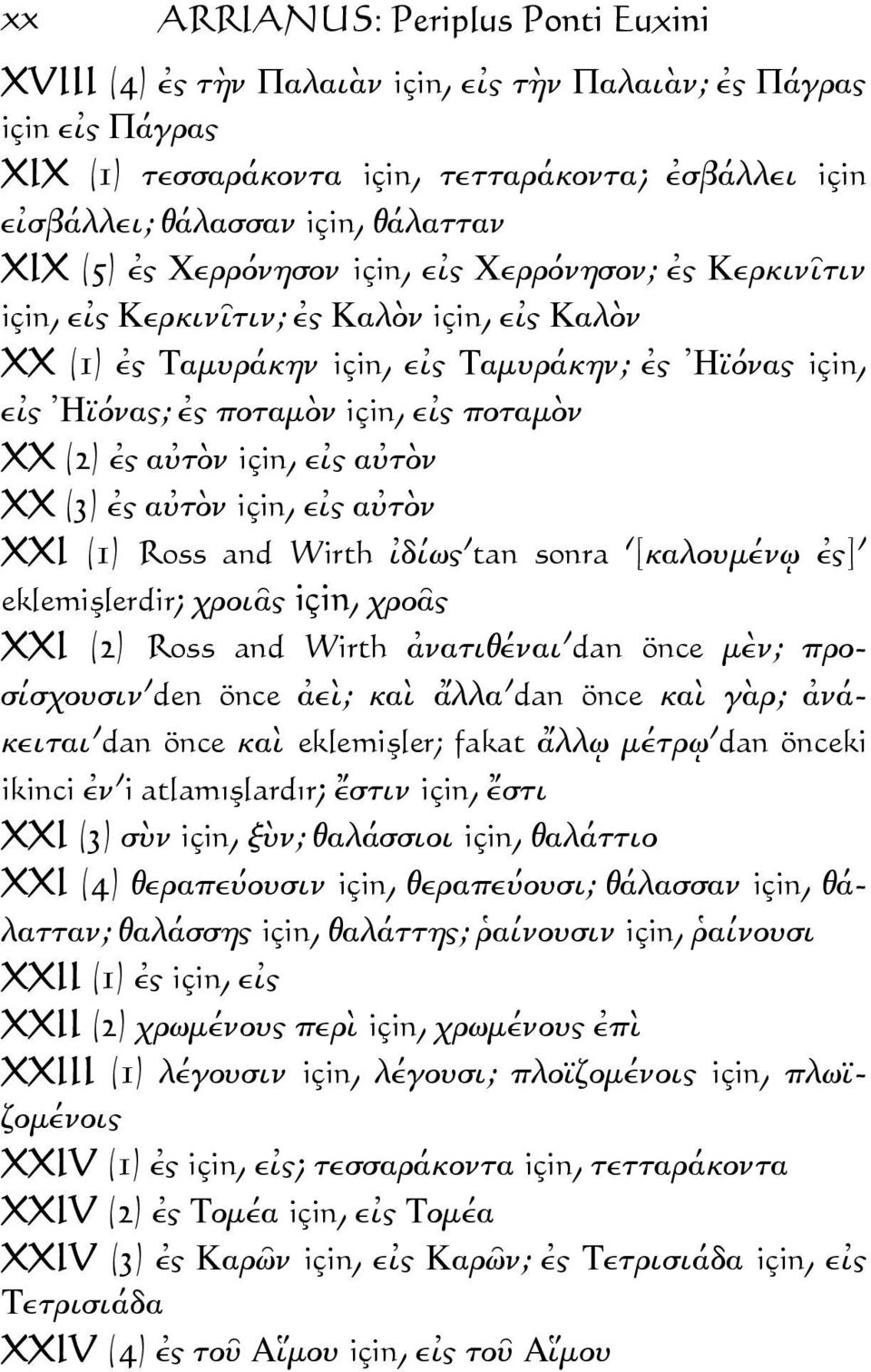 ποταµὸν XX (2) ἐς αὐτὸν için, εἰς αὐτὸν XX (3) ἐς αὐτὸν için, εἰς αὐτὸν XXI (1) Ross and Wirth ἰδίως tan sonra [καλουµένῳ ἐς] eklemişlerdir; χροιᾶς için, χροᾶς XXI (2) Ross and Wirth ἀνατιθέναι dan