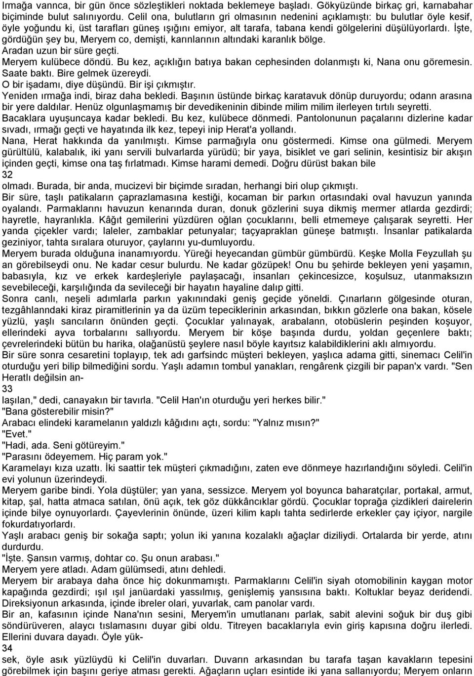 İşte, gördüğün şey bu, Meryem co, demişti, karınlarının altındaki karanlık bölge. Aradan uzun bir süre geçti. Meryem kulübece döndü.