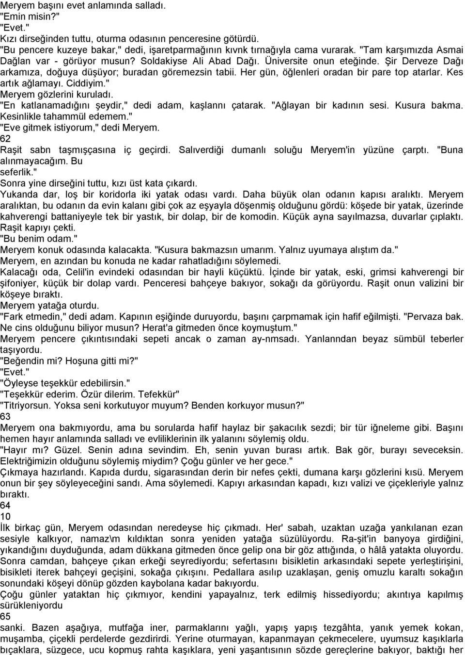 Şir Derveze Dağı arkamıza, doğuya düşüyor; buradan göremezsin tabii. Her gün, öğlenleri oradan bir pare top atarlar. Kes artık ağlamayı. Ciddiyim." Meryem gözlerini kuruladı.