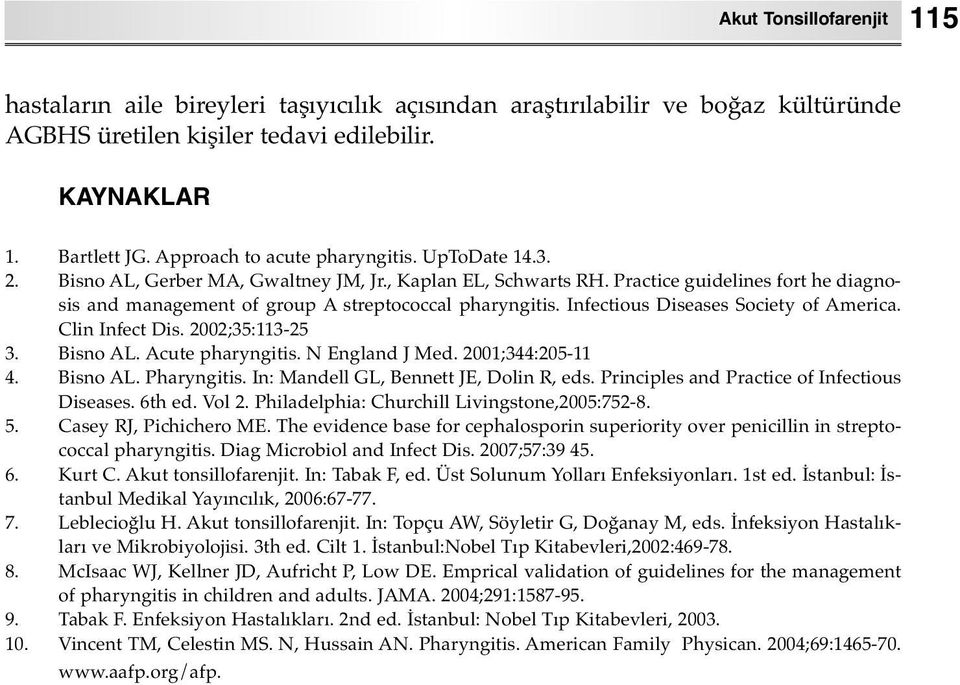 Practice guidelines fort he diagnosis and management of group A streptococcal pharyngitis. Infectious Diseases Society of America. Clin Infect Dis. 2002;35:113-25 3. Bisno AL. Acute pharyngitis.