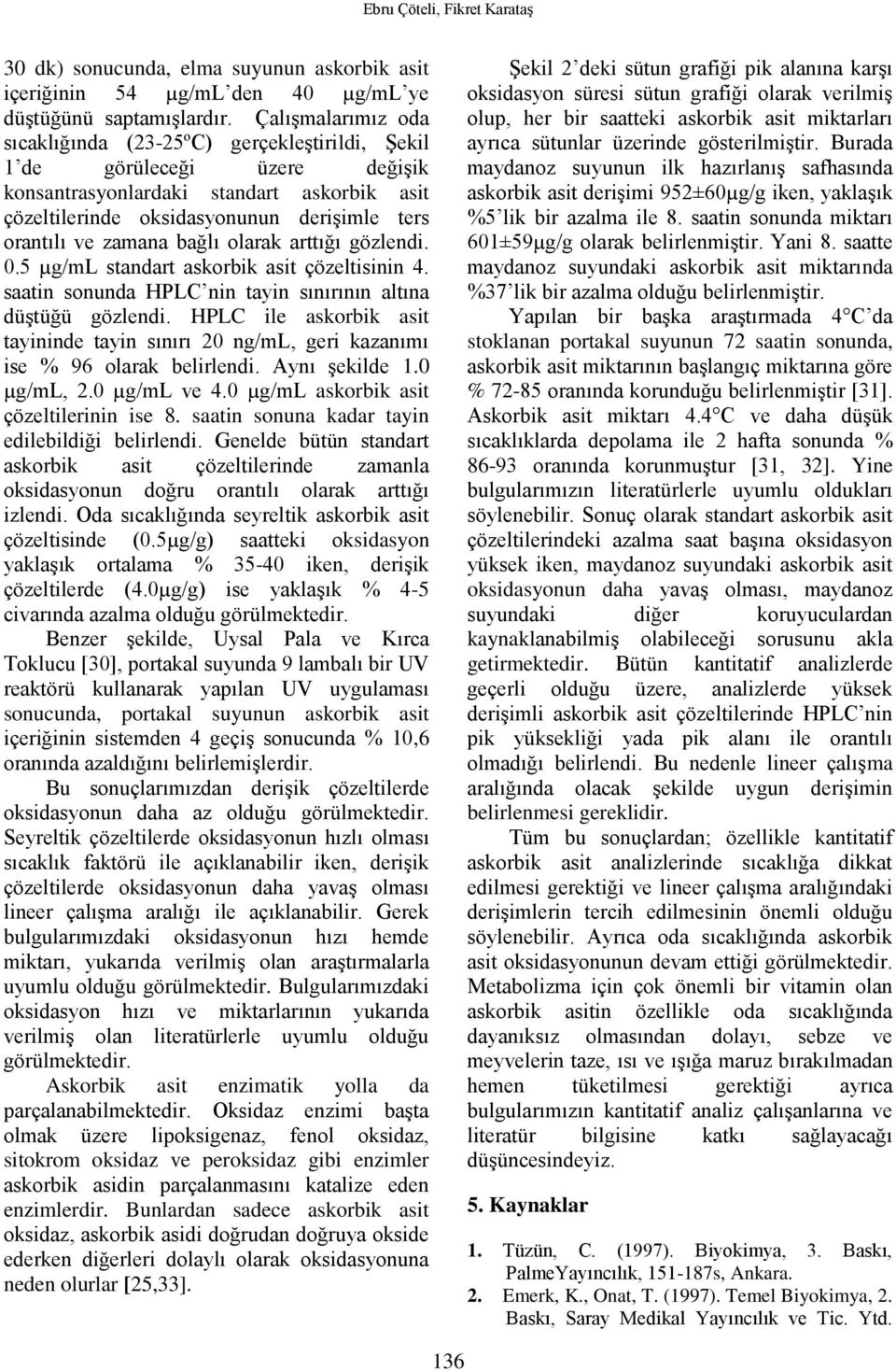 zamana bağlı olarak arttığı gözlendi. 0.5 µg/ml standart askorbik asit çözeltisinin 4. saatin sonunda HPLC nin tayin sınırının altına düştüğü gözlendi.