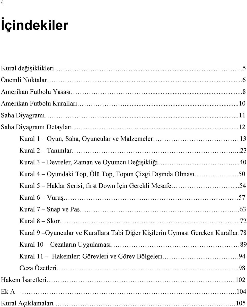 ..40 Kural 4 Oyundaki Top, Ölü Top, Topun Çizgi Dışında Olması..50 Kural 5 Haklar Serisi, first Down İçin Gerekli Mesafe...54 Kural 6 Vuruş... 57 Kural 7 Snap ve Pas.