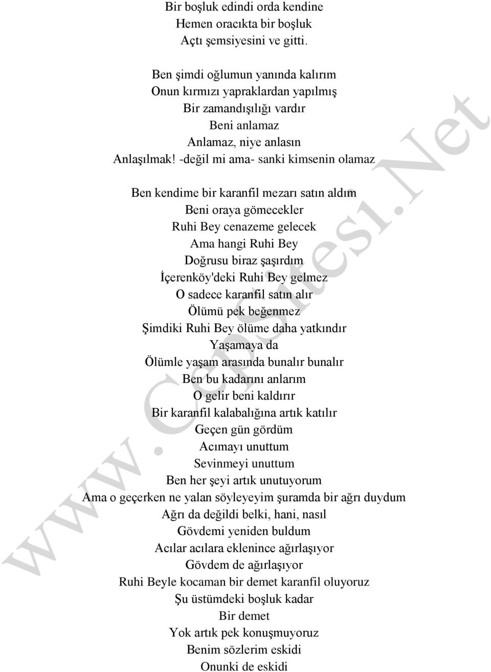 -değil mi ama- sanki kimsenin olamaz Ben kendime bir karanfil mezarı satın aldım Beni oraya gömecekler Ruhi Bey cenazeme gelecek Ama hangi Ruhi Bey Doğrusu biraz şaşırdım İçerenköy'deki Ruhi Bey