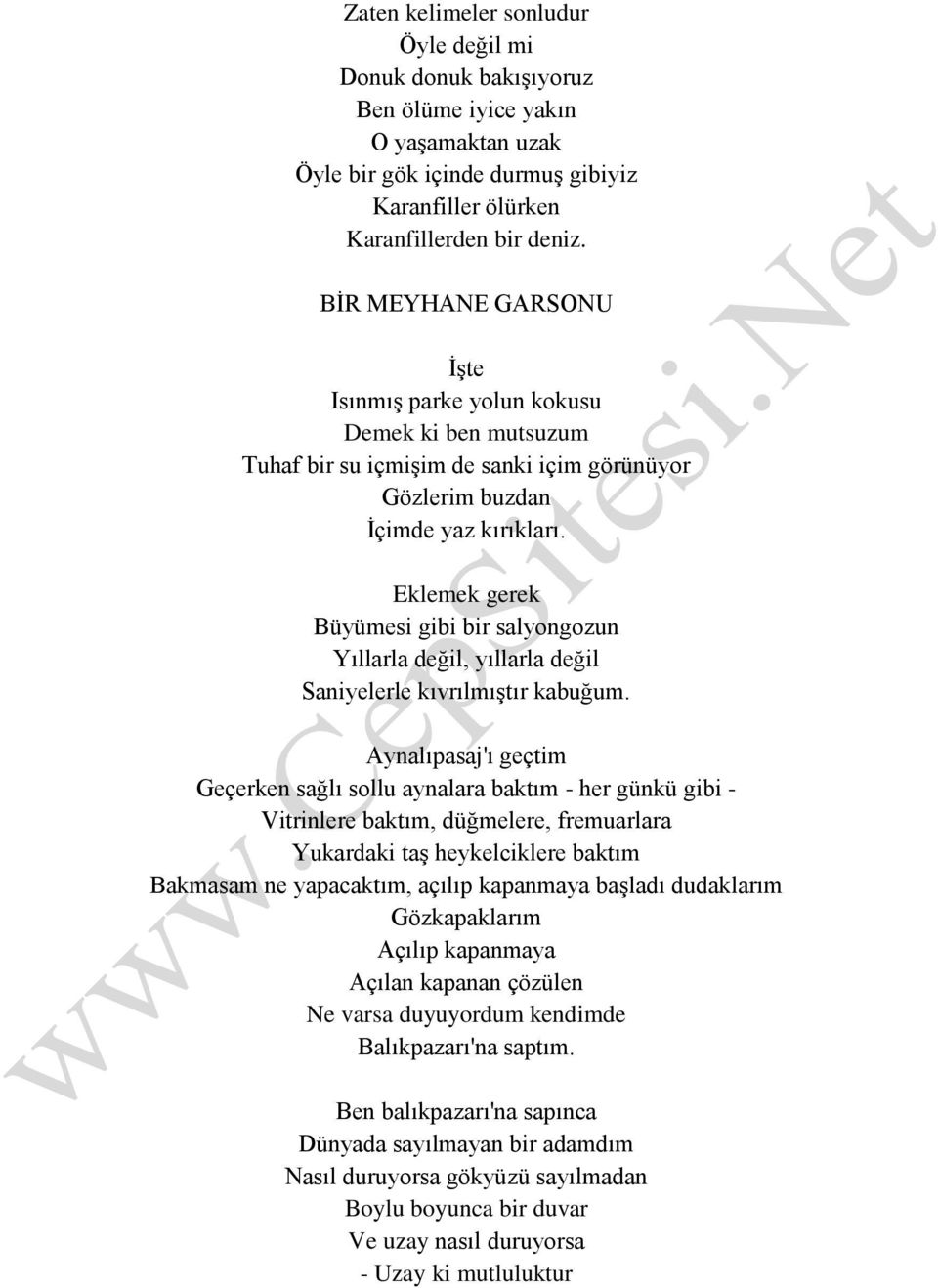 Eklemek gerek Büyümesi gibi bir salyongozun Yıllarla değil, yıllarla değil Saniyelerle kıvrılmıştır kabuğum.