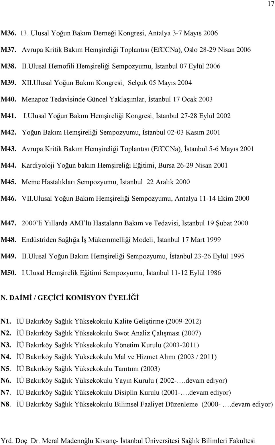 Ulusal Yoğun Bakım Hemşireliği Kongresi, İstanbul 27-28 Eylül 2002 M42. Yoğun Bakım Hemşireliği Sempozyumu, İstanbul 02-03 Kasım 2001 M43.