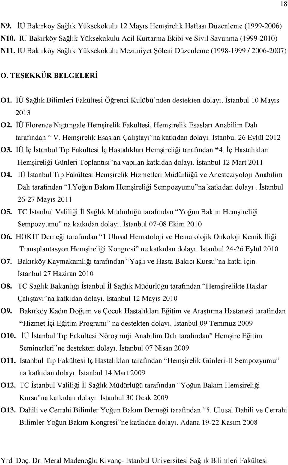 İstanbul 10 Mayıs 2013 O2. İÜ Florence Nıgtıngale Hemşirelik Fakültesi, Hemşirelik Esasları Anabilim Dalı tarafından V. Hemşirelik Esasları Çalıştayı na katkıdan dolayı. İstanbul 26 Eylül 2012 O3.