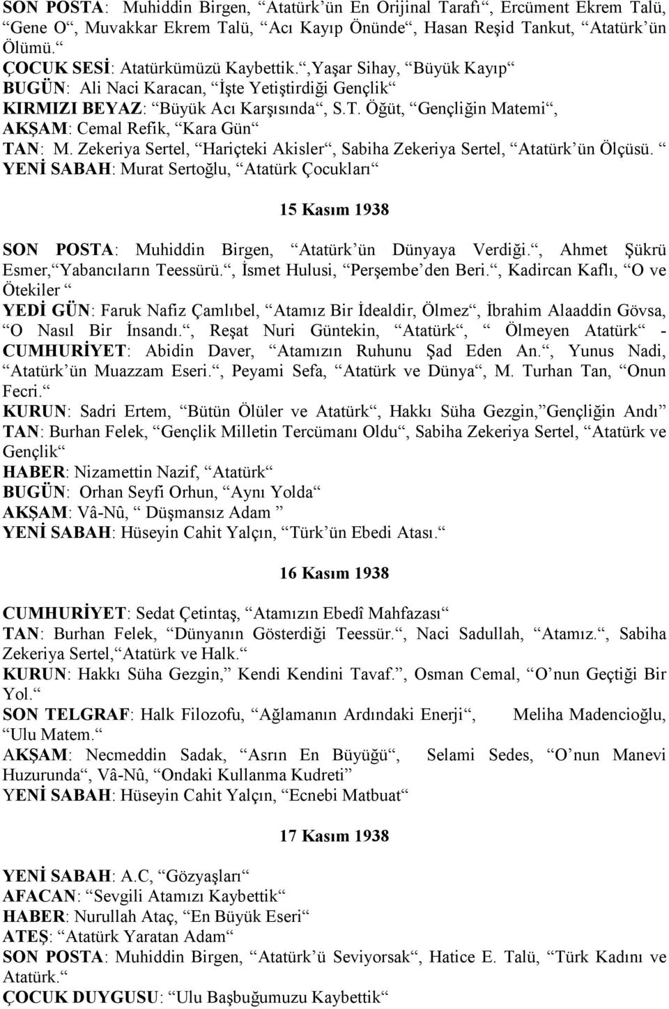 Zekeriya Sertel, Hariçteki Akisler, Sabiha Zekeriya Sertel, Atatürk ün Ölçüsü. YENİ SABAH: Murat Sertoğlu, Atatürk Çocukları 15 Kasım 1938 SON POSTA: Muhiddin Birgen, Atatürk ün Dünyaya Verdiği.