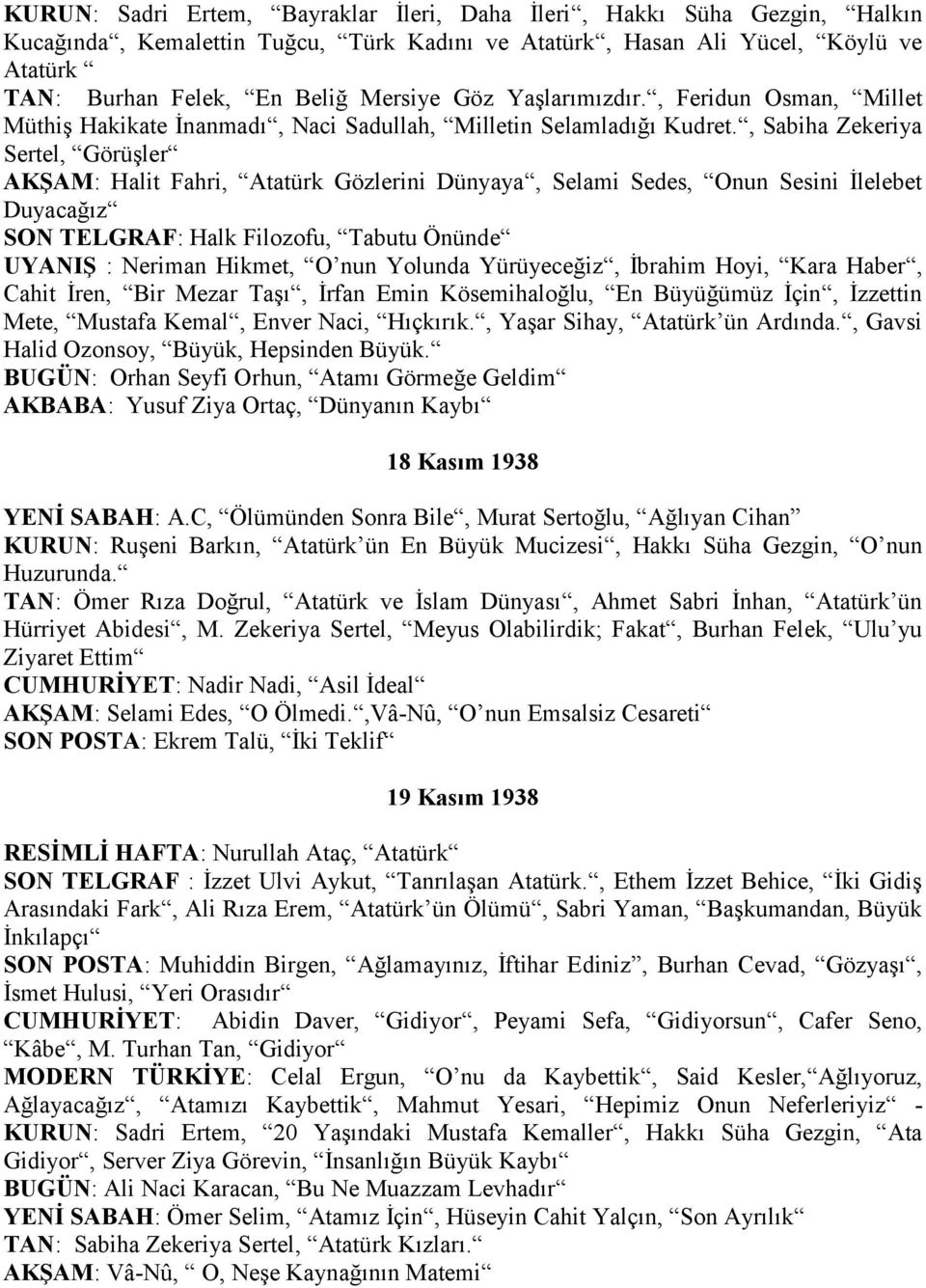 , Sabiha Zekeriya Sertel, Görüşler AKŞAM: Halit Fahri, Atatürk Gözlerini Dünyaya, Selami Sedes, Onun Sesini İlelebet Duyacağız SON TELGRAF: Halk Filozofu, Tabutu Önünde UYANIŞ : Neriman Hikmet, O nun