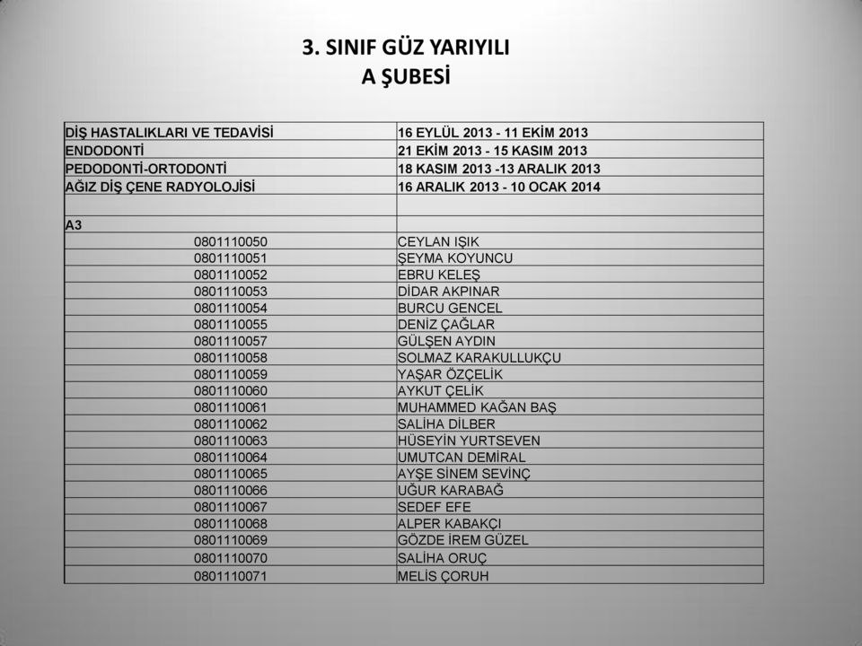 0801110057 GÜLŞEN AYDIN 0801110058 SOLMAZ KARAKULLUKÇU 0801110059 YAŞAR ÖZÇELİK 0801110060 AYKUT ÇELİK 0801110061 MUHAMMED KAĞAN BAŞ 0801110062 SALİHA DİLBER 0801110063 HÜSEYİN YURTSEVEN