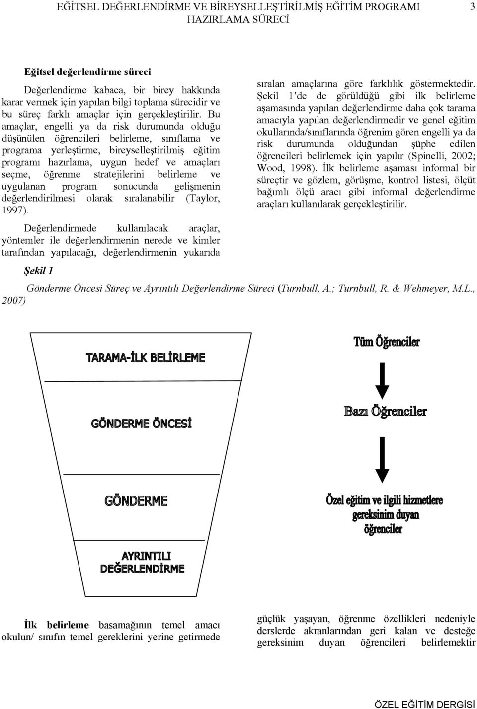 Bu amaçlar, engelli ya da risk durumunda olduğu düşünülen öğrencileri belirleme, sınıflama ve programa yerleştirme, bireyselleştirilmiş eğitim programı hazırlama, uygun hedef ve amaçları seçme,