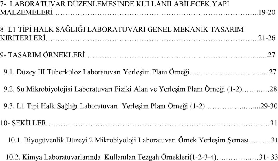 ..28 9.3. L1 Tipi Halk Sağlığı Laboratuvarı Yerleşim Planı Örneği (1-2).....29-30 10- ŞEKİLLER 31 10.1. Biyogüvenlik Düzeyi 2 Mikrobiyoloji Laboratuvarı Örnek Yerleşim Şeması.