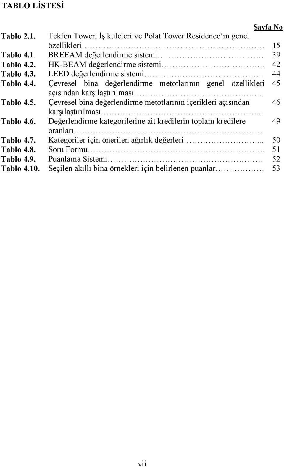 açısından karşılaştırılması... Tablo 4.5. Çevresel bina değerlendirme metotlarının içerikleri açısından 46 