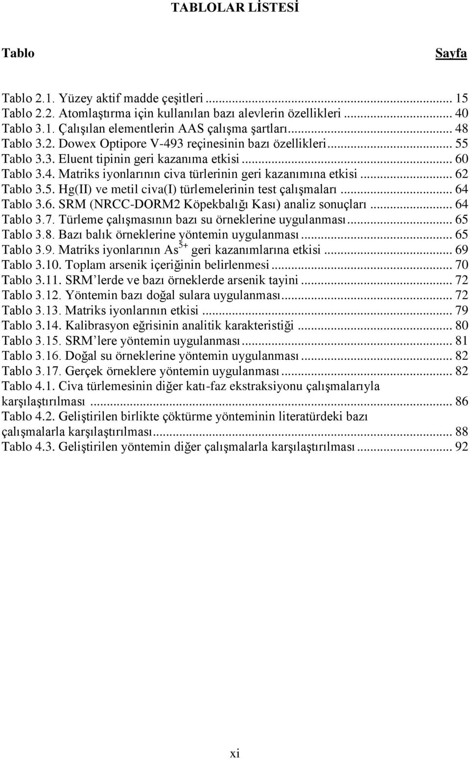 .. 62 Tablo 3.5. Hg(II) ve metil civa(i) türlemelerinin test çalışmaları... 64 Tablo 3.6. SRM (NRCC-DORM2 Köpekbalığı Kası) analiz sonuçları... 64 Tablo 3.7.