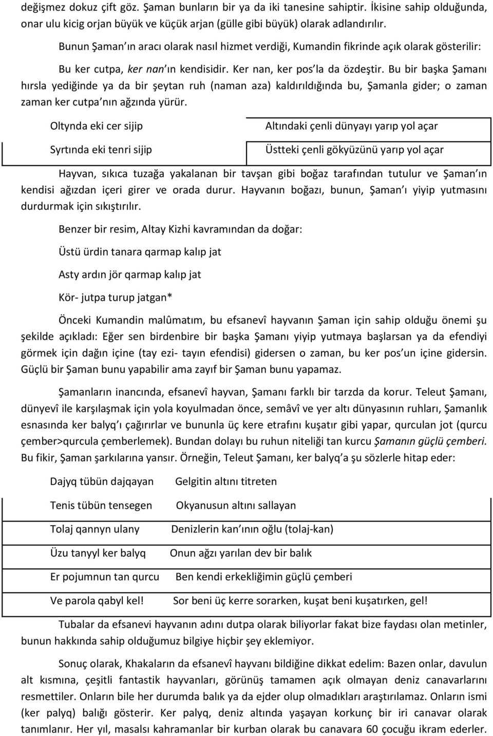 Bu bir başka Şamanı hırsla yediğinde ya da bir şeytan ruh (naman aza) kaldırıldığında bu, Şamanla gider; o zaman zaman ker cutpa nın ağzında yürür.