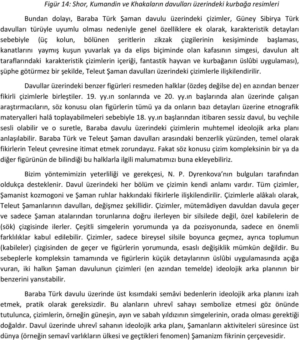 kafasının simgesi, davulun alt taraflarındaki karakteristik çizimlerin içeriği, fantastik hayvan ve kurbağanın üslûbi uygulaması), şüphe götürmez bir şekilde, Teleut Şaman davulları üzerindeki