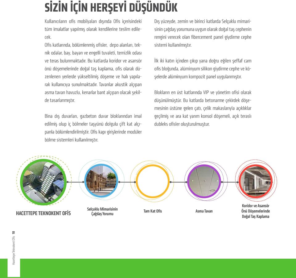 Bu katlarda koridor ve asansör önü döşemelerinde doğal taş kaplama, ofis olarak düzenlenen yerlerde yükseltilmiş döşeme ve halı yapılarak kullanıcıya sunulmaktadır.