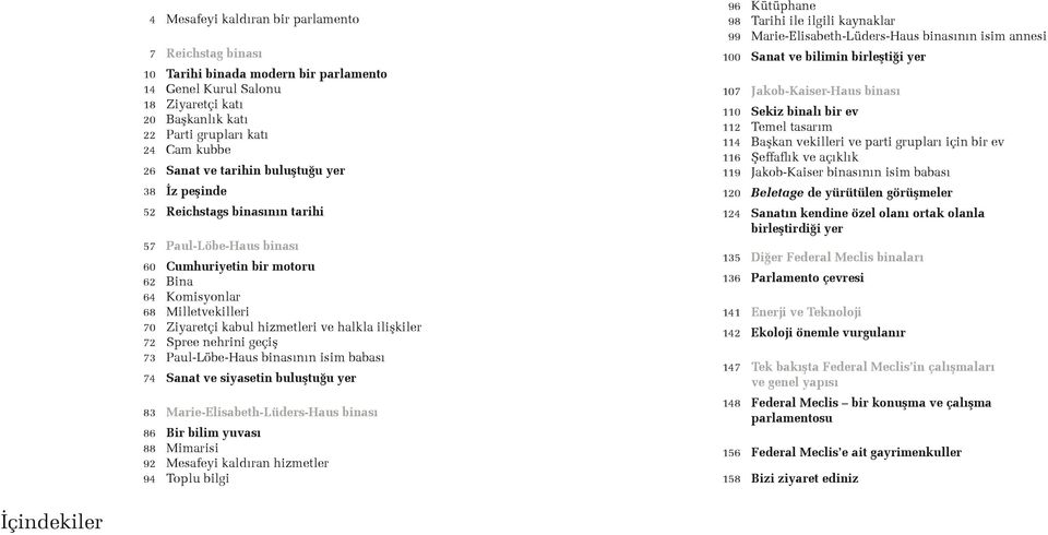 halkla ilişkiler 72 Spree nehrini geçiş 73 Paul-Löbe-Haus binasının isim babası 74 Sanat ve siyasetin buluştuğu yer 83 Marie-Elisabeth-Lüders-Haus binası 86 Bir bilim yuvası 88 Mimarisi 92 Mesafeyi