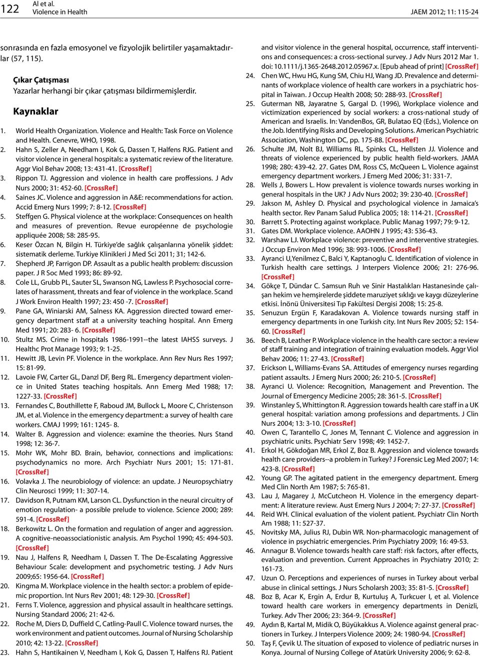 Patient and visitor violence in general hospitals: a systematic review of the literature. Aggr Viol Behav 2008; 13: 431-41. 3. Rippon TJ. Aggression and violence in health care proffessions.