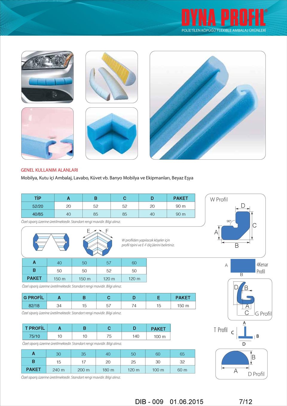 F 90 W profilden yapılacak köşeler için profil tipini ve -F ölçülerini belirtiniz. PKT 1 m 1 m 57 52 1 m 60 1 m 4Kenar Profil Özel sipariş üzerine üretilmektedir. Standart rengi mavidir. ilgi alınız.