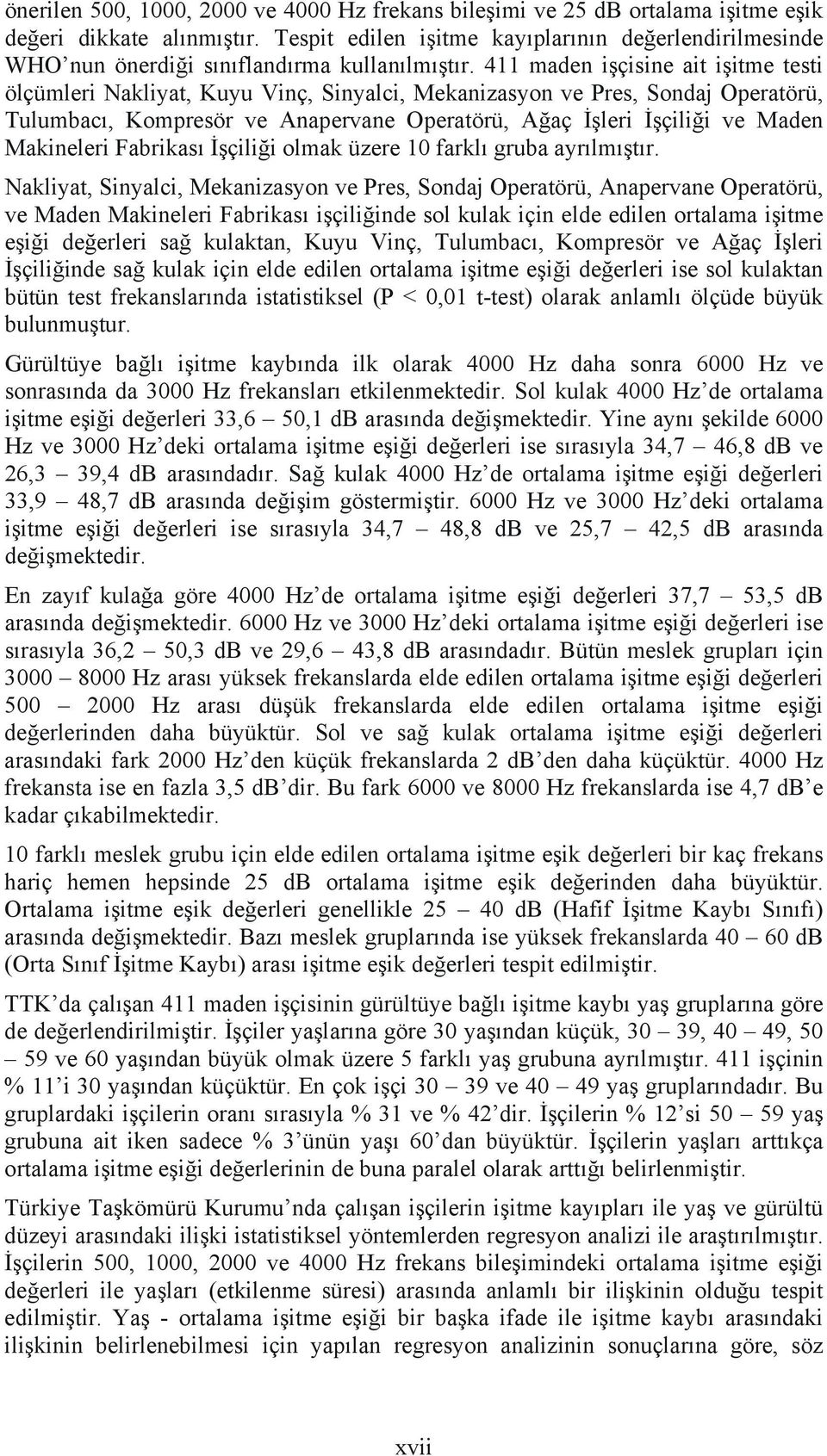 411 maden işçisine ait işitme testi ölçümleri Nakliyat, Kuyu Vinç, Sinyalci, Mekanizasyon ve Pres, Sondaj Operatörü, Tulumbacı, Kompresör ve Anapervane Operatörü, Ağaç İşleri İşçiliği ve Maden