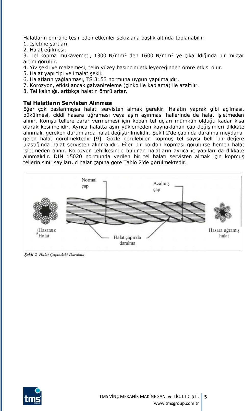 Halat yapı tipi ve imalat şekli. 6. Halatların yağlanması, TS 8153 normuna uygun yapılmalıdır. 7. Korozyon, etkisi ancak galvanizeleme (çinko ile kaplama) ile azaltılır. 8. Tel kalınlığı, arttıkça halatın ömrü artar.