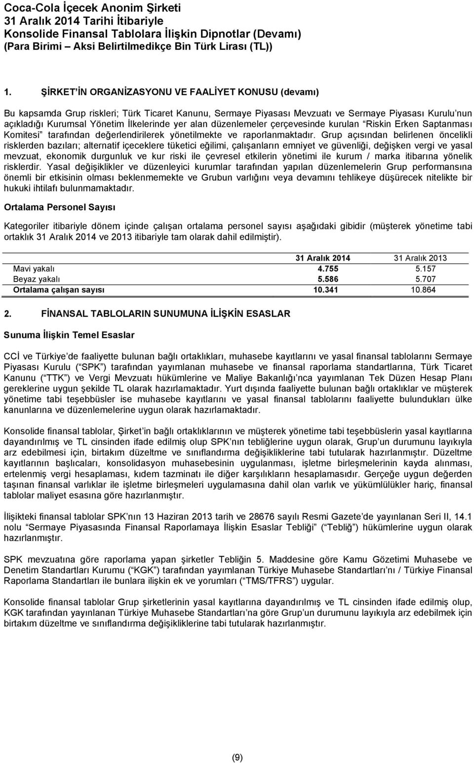 Grup açısından belirlenen öncelikli risklerden bazıları; alternatif içeceklere tüketici eğilimi, çalışanların emniyet ve güvenliği, değişken vergi ve yasal mevzuat, ekonomik durgunluk ve kur riski