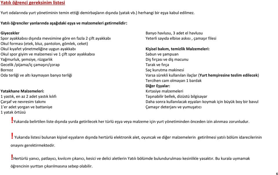 Okul kıyafet yönetmeliğine uygun ayakkabı Okul spor giyim ve malzemesi ve 1 çift spor ayakkabısı Yağmurluk, şemsiye, rüzgarlık Gecelik /pijama/iç çamaşırı/çorap Bornoz Oda terliği ve altı kaymayan