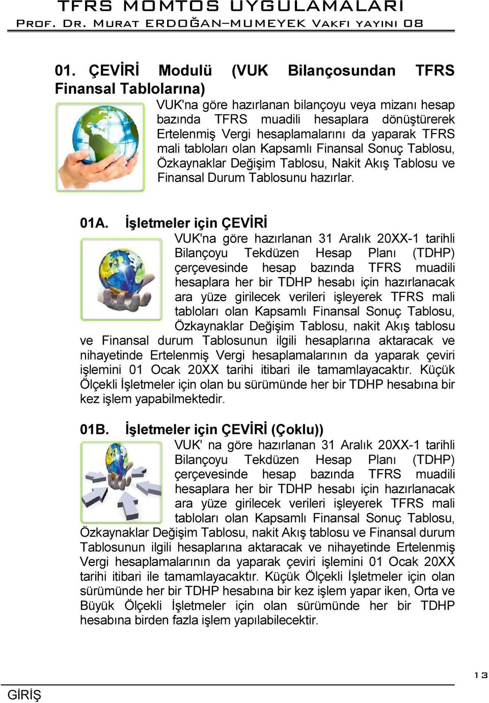 İşletmeler için ÇEVİRİ VUK'na göre hazırlanan 31 Aralık 20XX-1 tarihli Bilançoyu Tekdüzen Hesap Planı (TDHP) çerçevesinde hesap bazında TFRS muadili hesaplara her bir TDHP hesabı için hazırlanacak