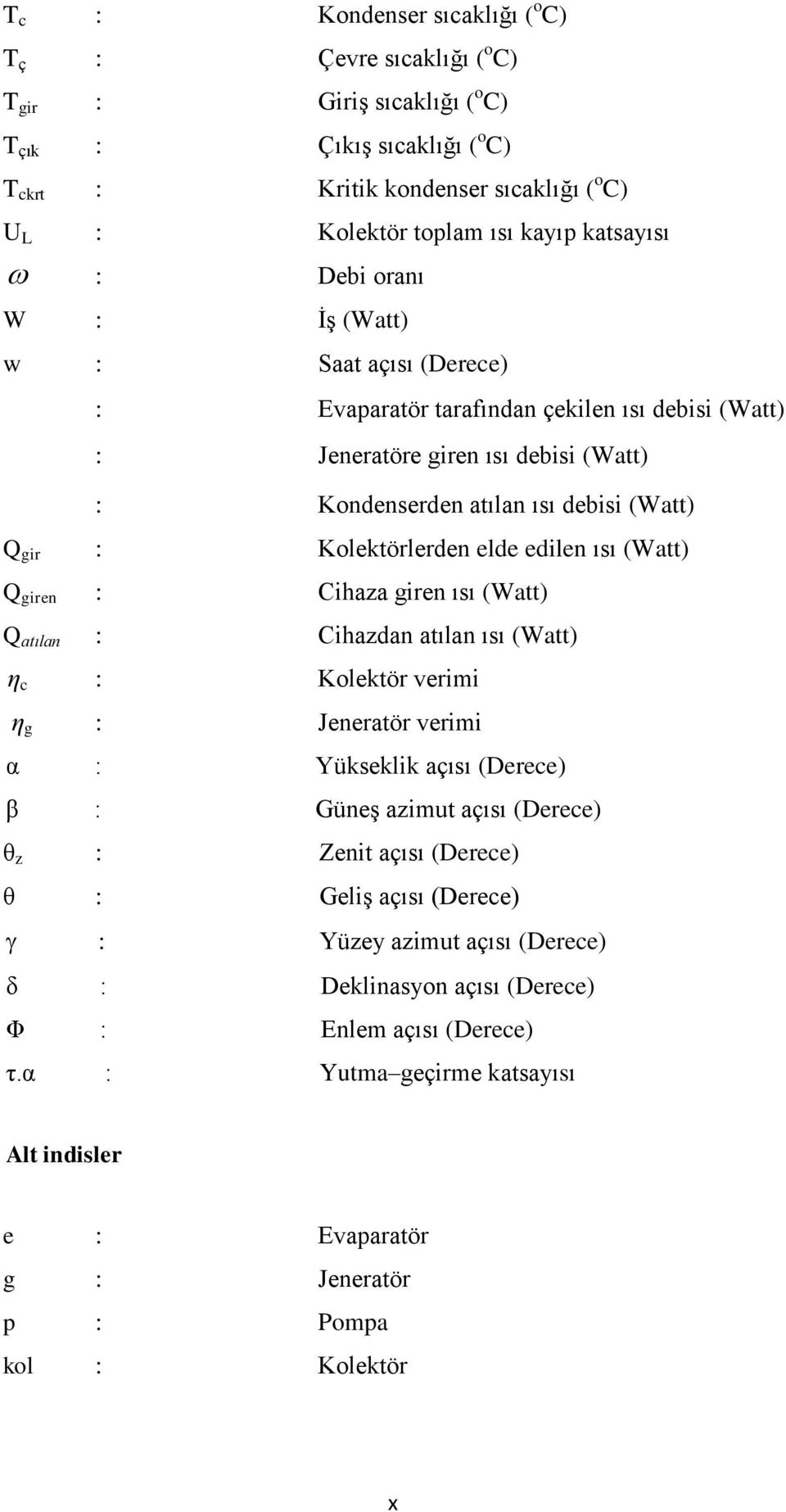 Kolektörlerden elde edilen ısı (Watt) Q giren : Cihaza giren ısı (Watt) Q atılan : Cihazdan atılan ısı (Watt) η c : Kolektör verimi η g : Jeneratör verimi α : Yükseklik açısı (Derece) β : Güneş