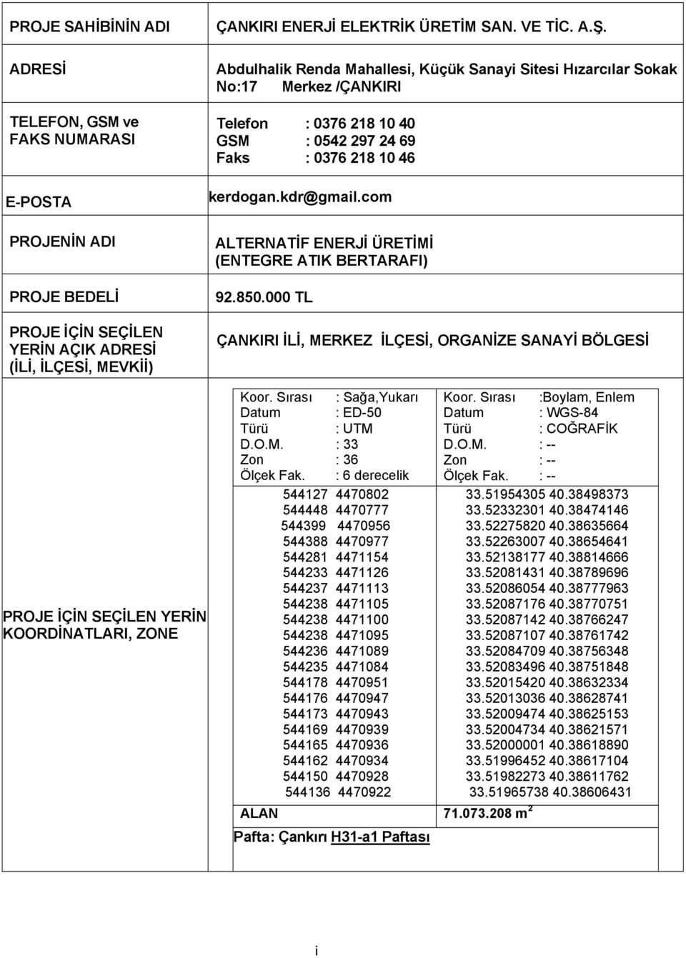 kdr@gmail.com 92.850.000 TL ÇANKIRI İLİ, MERKEZ İLÇESİ, ORGANİZE SANAYİ BÖLGESİ Koor. Sırası : Sağa,Yukarı Koor. Sırası :Boylam, Enlem Datum : ED-50 Datum : WGS-84 Türü : UTM Türü : COĞRAFİK D.O.M. : 33 D.