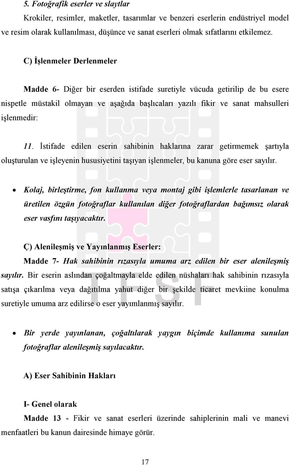 Đstifade edilen eserin sahibinin haklarına zarar getirmemek şartıyla oluşturulan ve işleyenin hususiyetini taşıyan işlenmeler, bu kanuna göre eser sayılır.