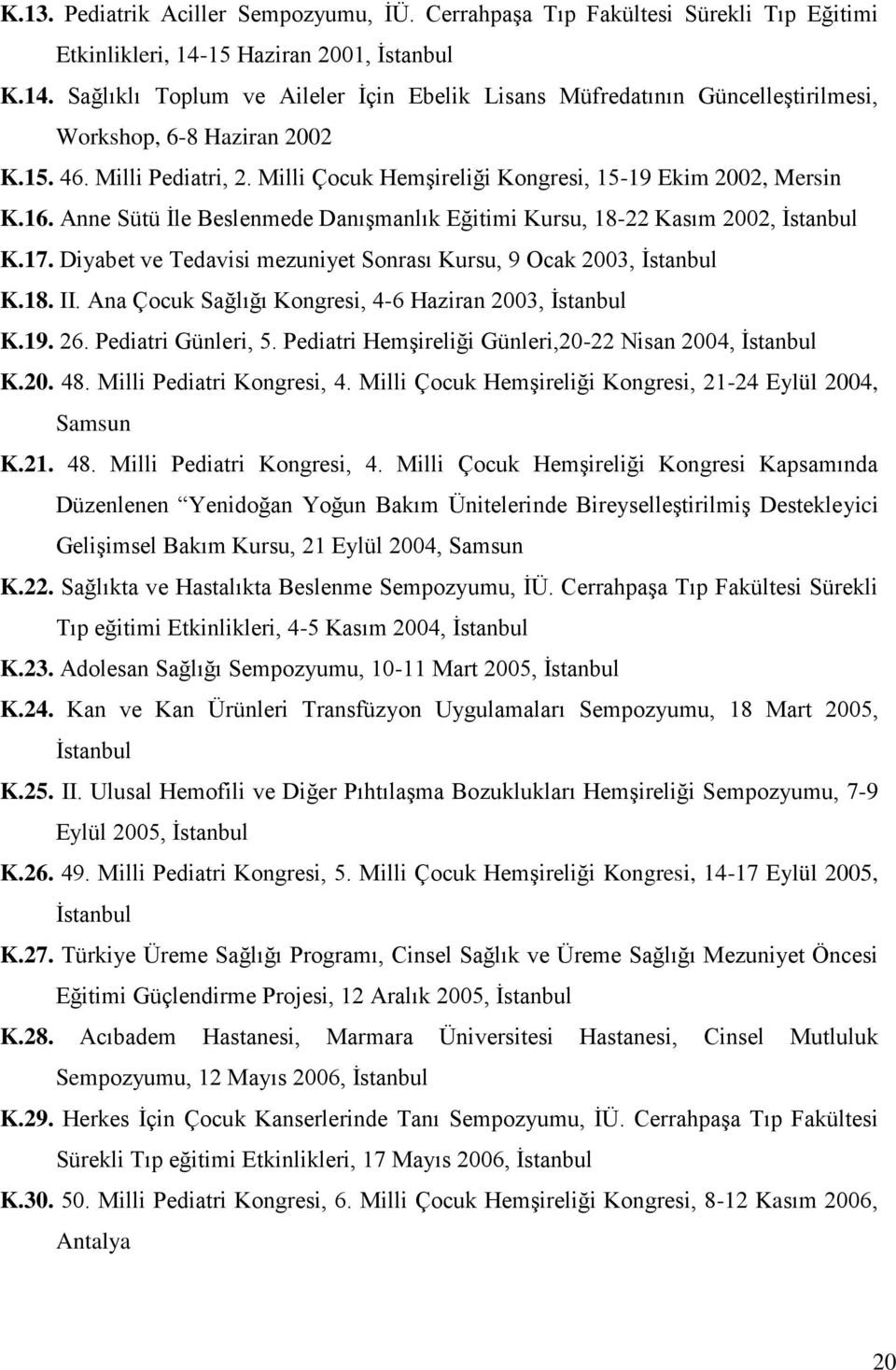 Milli Çocuk Hemşireliği Kongresi, 15-19 Ekim 2002, Mersin K.16. Anne Sütü İle Beslenmede Danışmanlık Eğitimi Kursu, 18-22 Kasım 2002, İstanbul K.17.