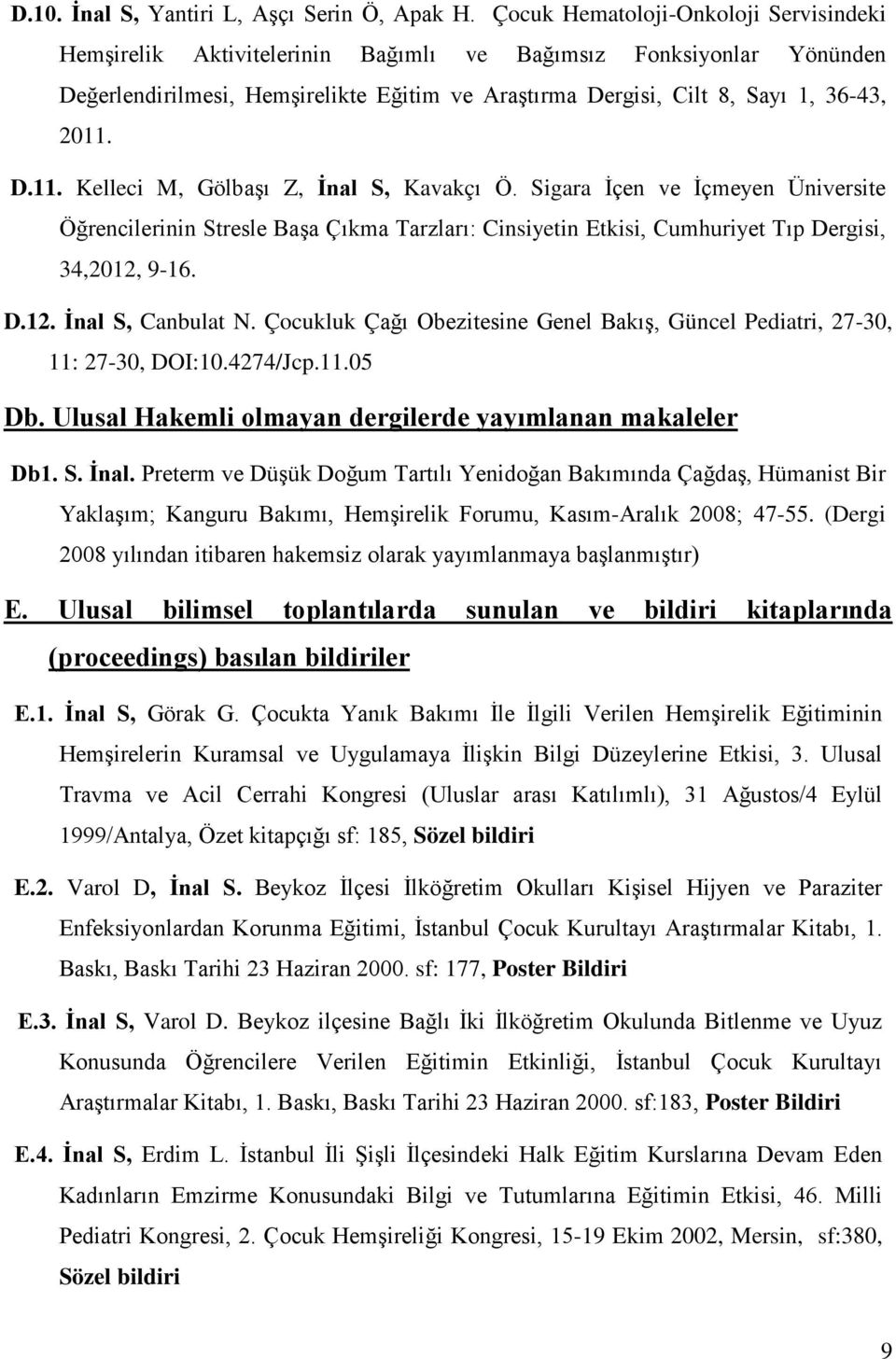 D.11. Kelleci M, Gölbaşı Z, İnal S, Kavakçı Ö. Sigara İçen ve İçmeyen Üniversite Öğrencilerinin Stresle Başa Çıkma Tarzları: Cinsiyetin Etkisi, Cumhuriyet Tıp Dergisi, 34,2012, 9-16. D.12. İnal S, Canbulat N.