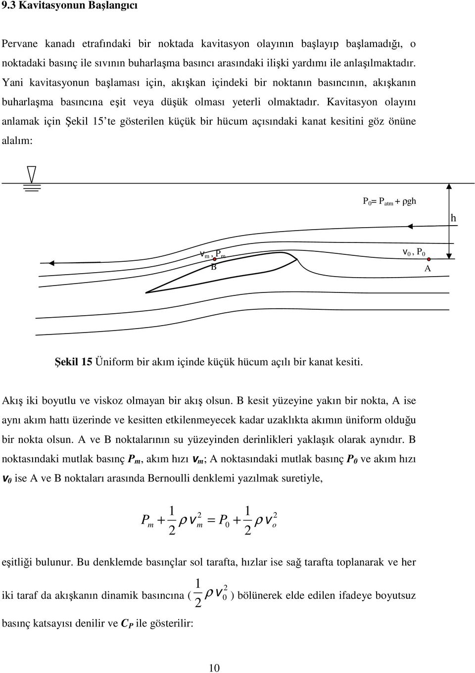Kavitasyon olayını anlamak için Şekil 15 te gösterilen küçük bir hücum açısındaki kanat kesitini göz önüne alalım: P = P atm + ρgh h v m, P m B v, P A Şekil 15 Üniform bir akım içinde küçük hücum